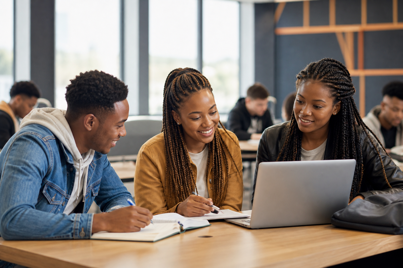 Young adults studying together in a bright Cape Town classroom